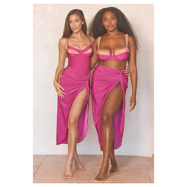 2024 New Retro Sling Color Block Bikini Swimsuit and Sarong Summer Swimwear Women Beachwear Bathing Suit