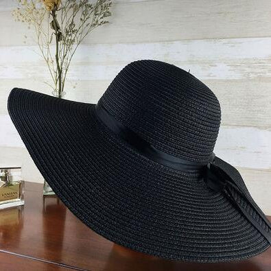 2024 New Simple Foldable Wide Brim Floppy Girls Straw Hat Sun Hat Beach Women Summer Hat UV Protect Travel Cap Lady Cap Female Black 55-58cm