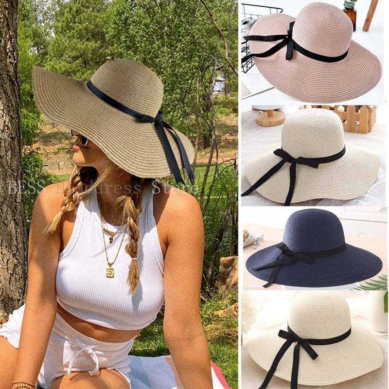 2024 New Simple Foldable Wide Brim Floppy Girls Straw Hat Sun Hat Beach Women Summer Hat UV Protect Travel Cap Lady Cap Female