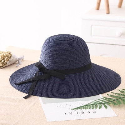 2024 New Simple Foldable Wide Brim Floppy Girls Straw Hat Sun Hat Beach Women Summer Hat UV Protect Travel Cap Lady Cap Female navy blue 55-58cm