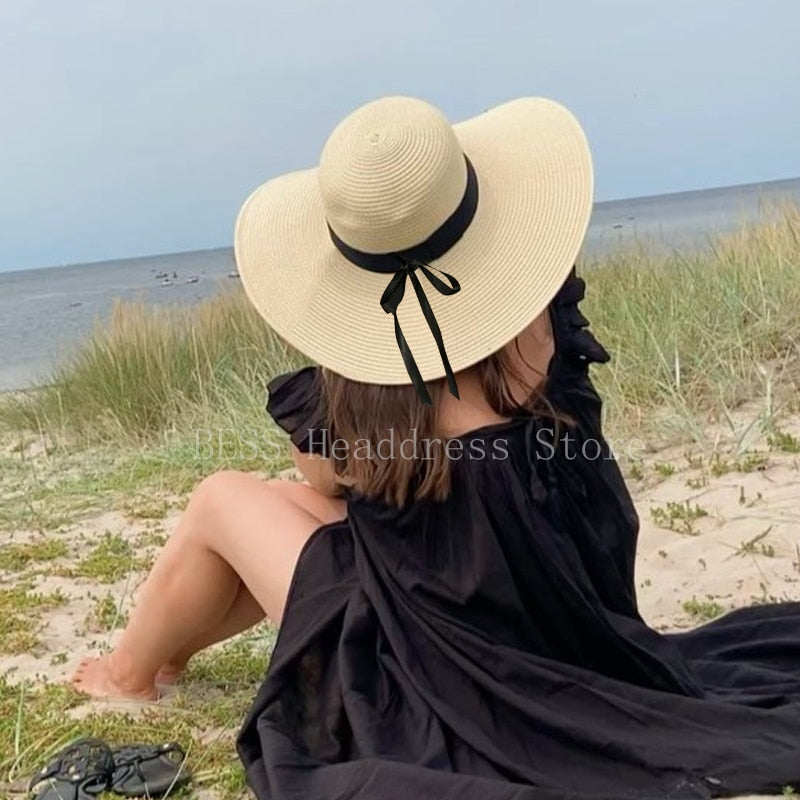 2024 New Simple Foldable Wide Brim Floppy Girls Straw Hat Sun Hat Beach Women Summer Hat UV Protect Travel Cap Lady Cap Female