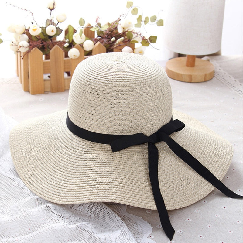 2024 New Simple Foldable Wide Brim Floppy Girls Straw Hat Sun Hat Beach Women Summer Hat UV Protect Travel Cap Lady Cap Female