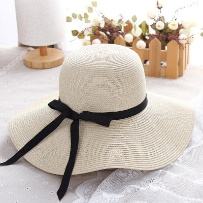 2024 New Simple Foldable Wide Brim Floppy Girls Straw Hat Sun Hat Beach Women Summer Hat UV Protect Travel Cap Lady Cap Female white 55-58cm