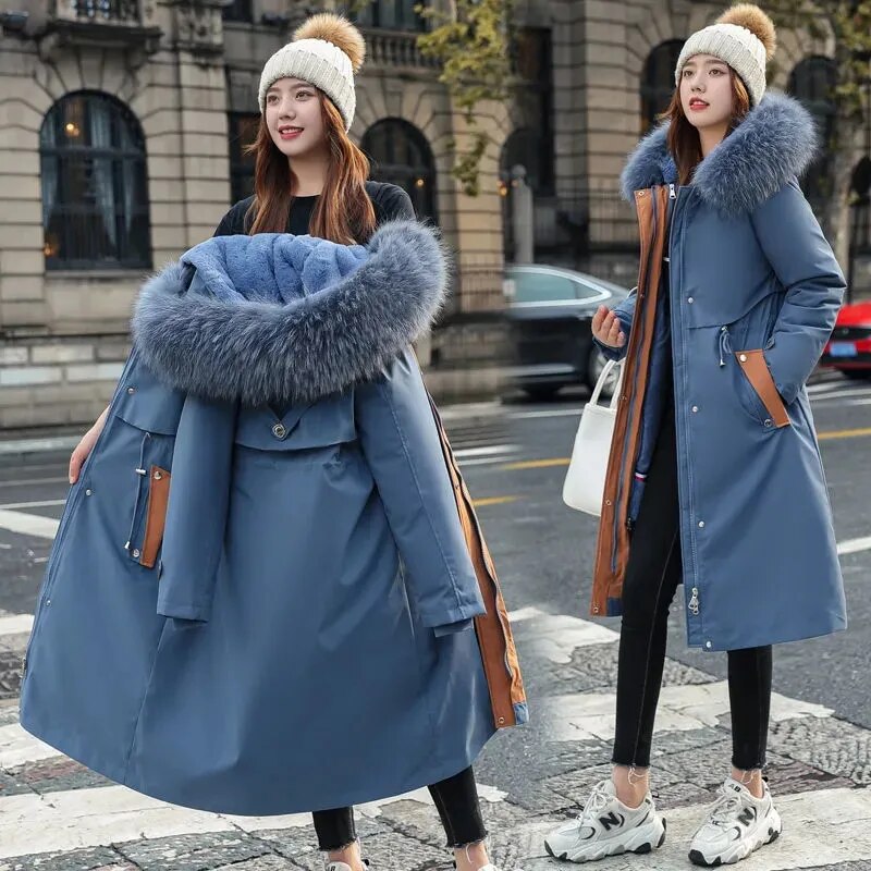 2024 New Snow Wear Long Parkas Winter Jacket Women Parka Fur Hooded Jacket Female Fur Lining Thick Coats Distachable Parkas Blue
