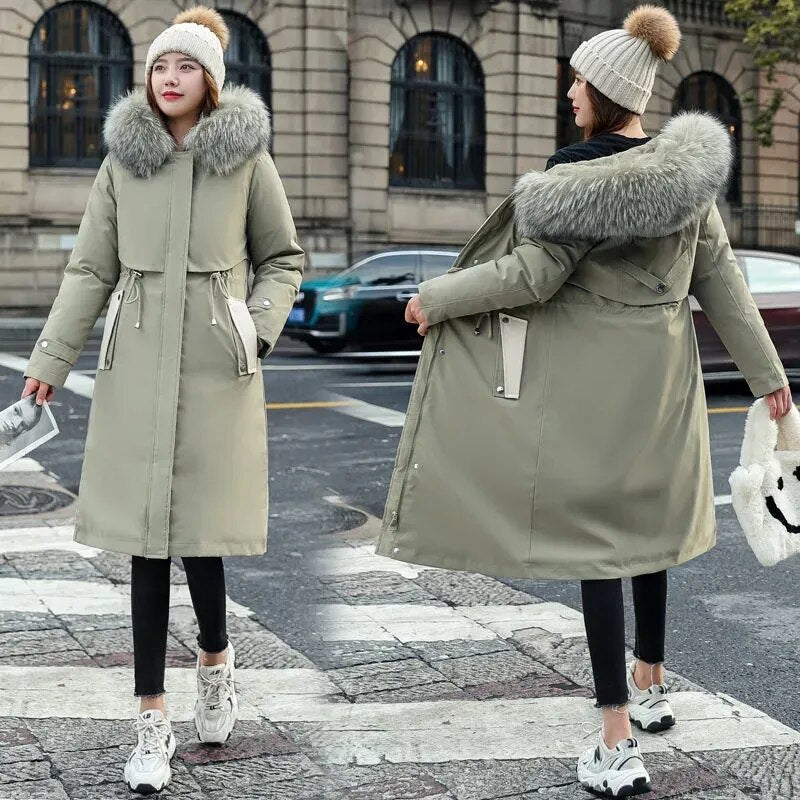 2024 New Snow Wear Long Parkas Winter Jacket Women Parka Fur Hooded Jacket Female Fur Lining Thick Coats Distachable Parkas Green
