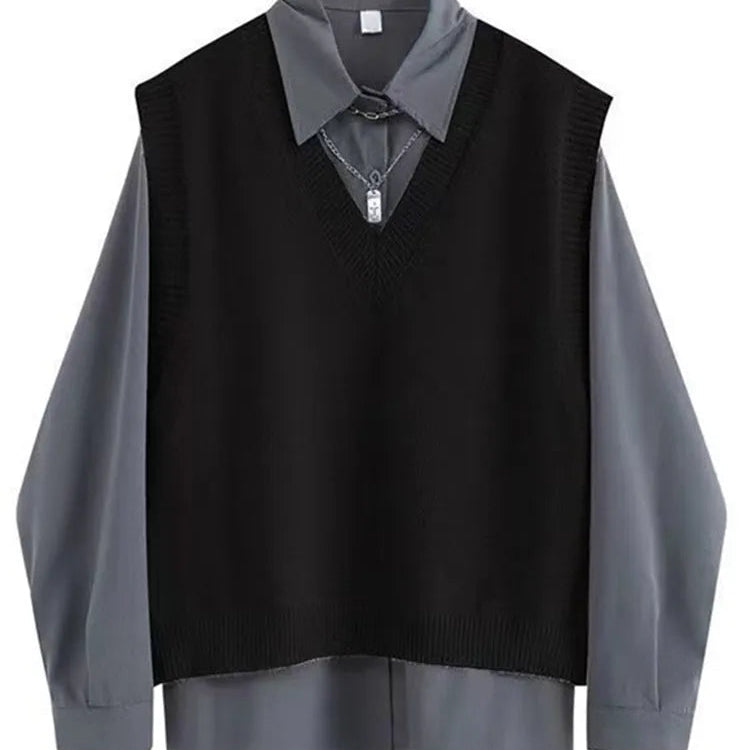 Spring Autumn 3 Piece Set Women Streetwear Knitted Vest+Long Sleeve Shirt+Harajuku BF Loose Cargo Pants Women 2 Piece gray