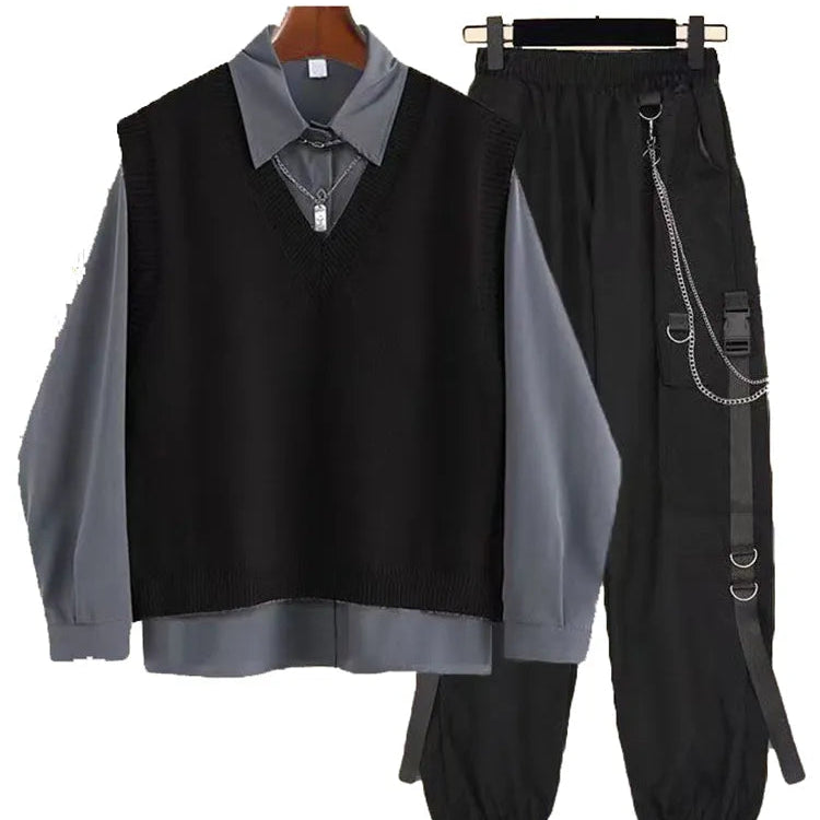 Spring Autumn 3 Piece Set Women Streetwear Knitted Vest+Long Sleeve Shirt+Harajuku BF Loose Cargo Pants Women