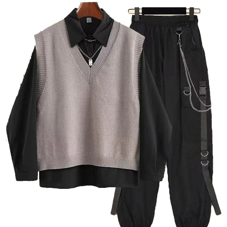 Spring Autumn 3 Piece Set Women Streetwear Knitted Vest+Long Sleeve Shirt+Harajuku BF Loose Cargo Pants Women 3 Piece black