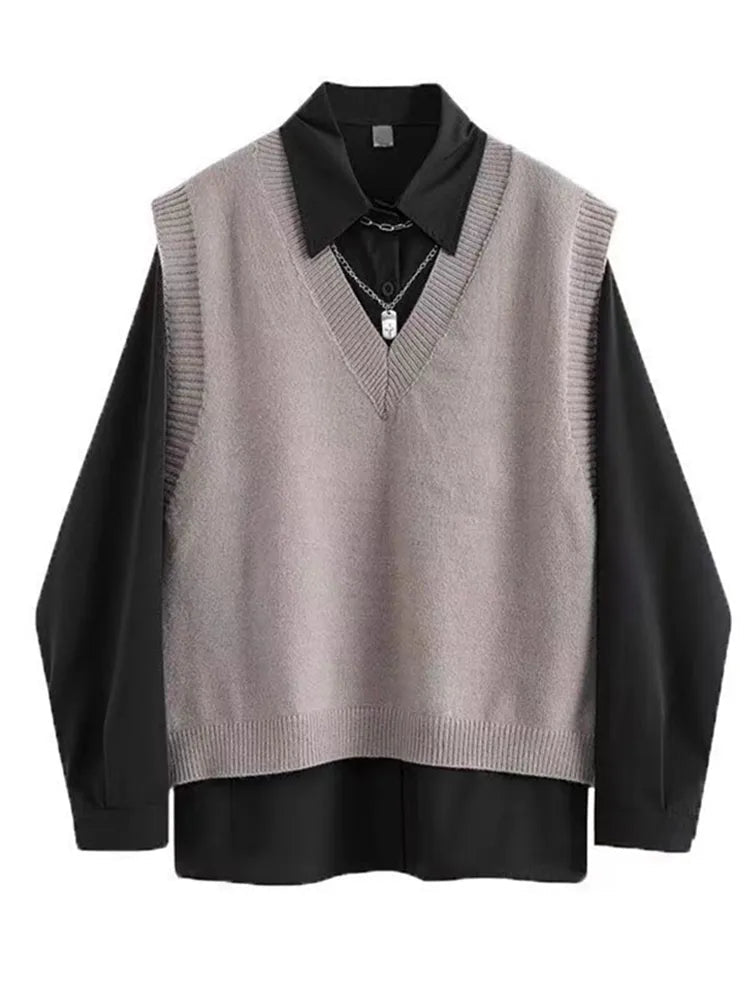 Spring Autumn 3 Piece Set Women Streetwear Knitted Vest+Long Sleeve Shirt+Harajuku BF Loose Cargo Pants Women