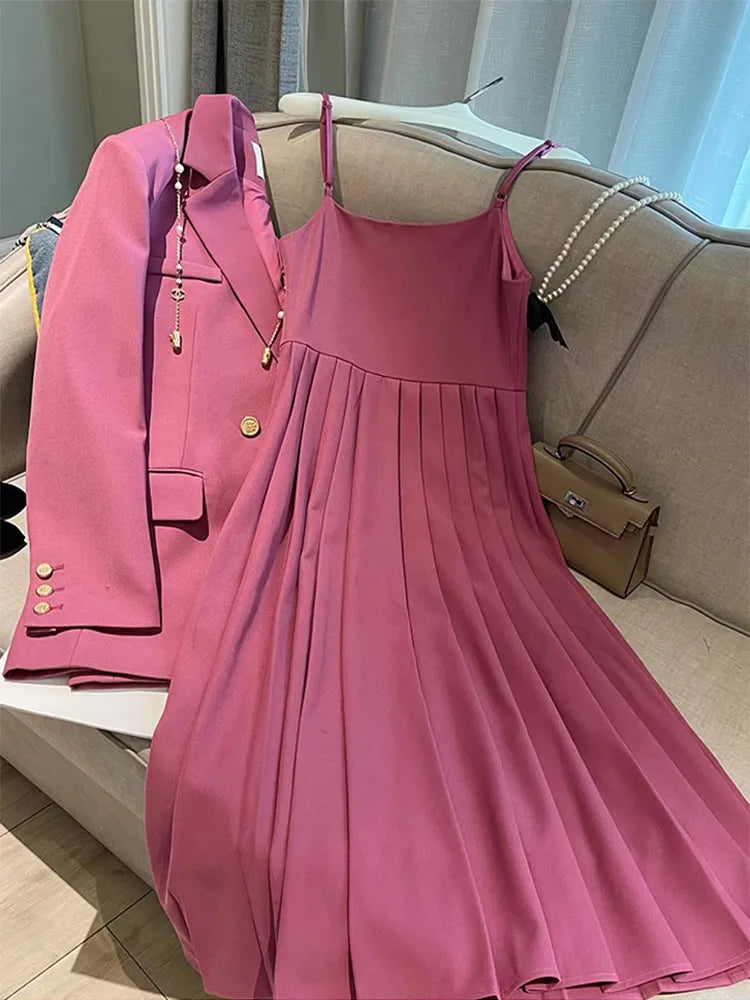 2024 New Spring Autumn Blazers Suspenders Women's Two-piece Set Loose Casual Suit Outerwear Sling Skirt Women Two-piece Suit