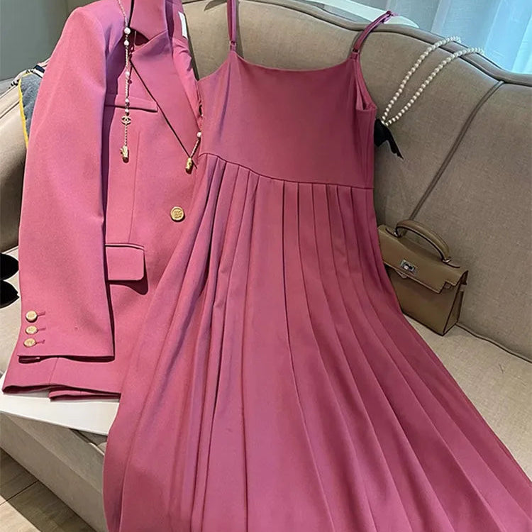 2024 New Spring Autumn Blazers Suspenders Women's Two-piece Set Loose Casual Suit Outerwear Sling Skirt Women Two-piece Suit Rose Purple 2PC