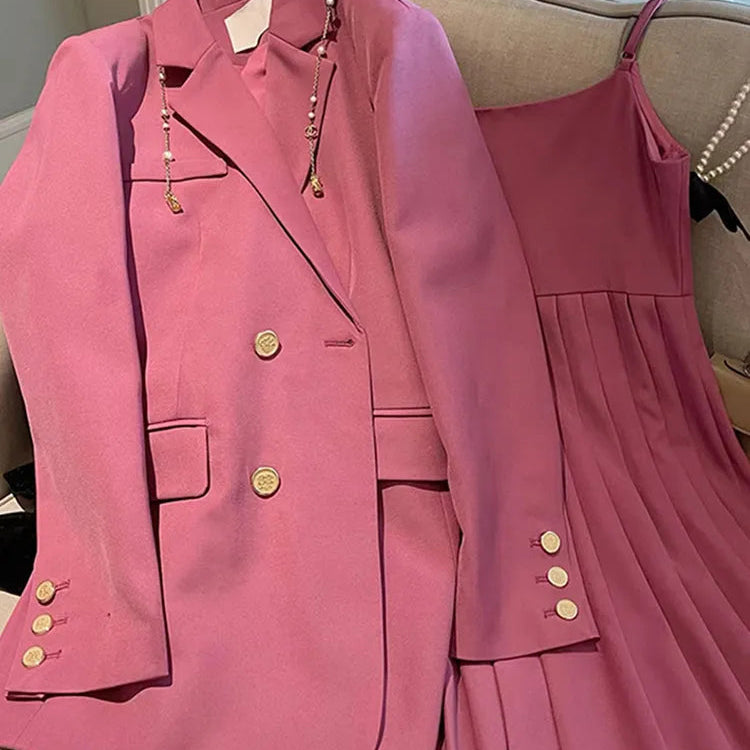 2024 New Spring Autumn Blazers Suspenders Women's Two-piece Set Loose Casual Suit Outerwear Sling Skirt Women Two-piece Suit