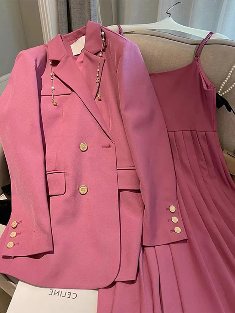 2024 New Spring Autumn Blazers Suspenders Women's Two-piece Set Loose Casual Suit Outerwear Sling Skirt Women Two-piece Suit