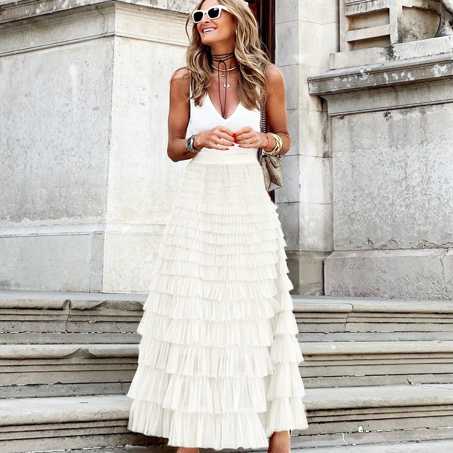 2024 New Summer Long Skirt Layered Ruffles Design Elegant Maxi Dress Office Women Commuting Party Attire Autumn Elegant Skirt Short white