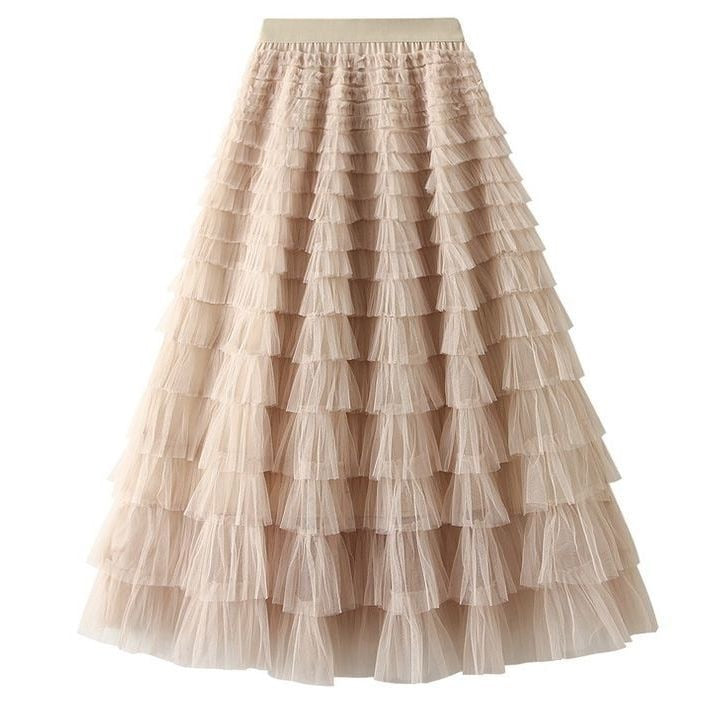 2024 New Summer Long Skirt Layered Ruffles Design Elegant Maxi Dress Office Women Commuting Party Attire Autumn Elegant Skirt Long apricot