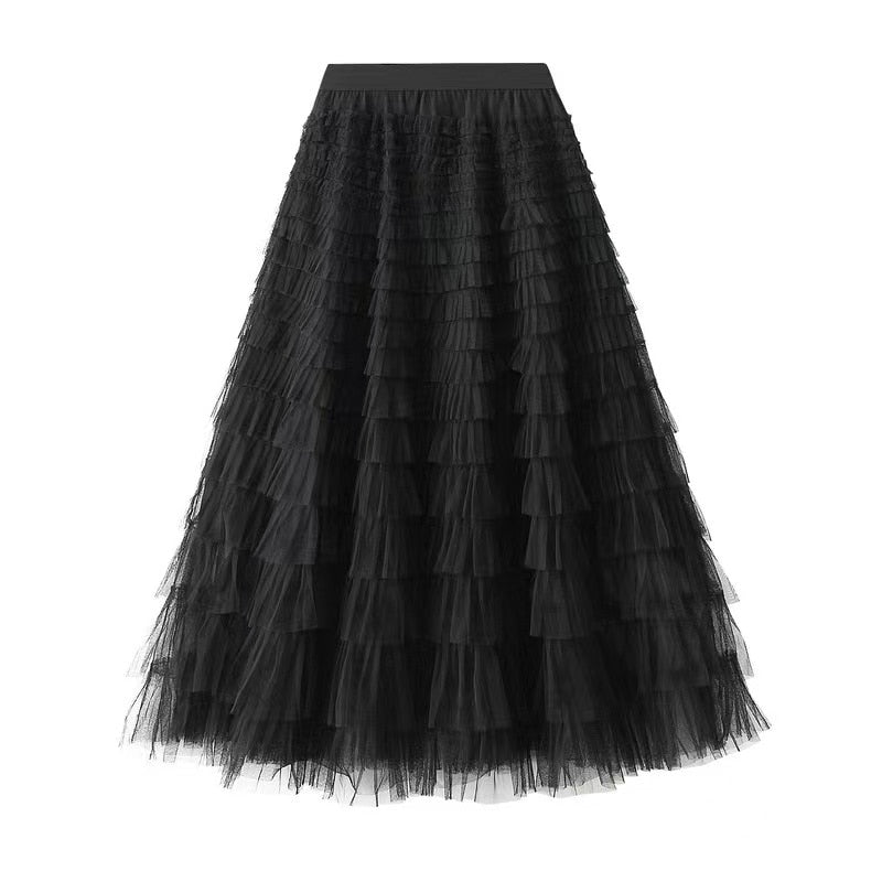 2024 New Summer Long Skirt Layered Ruffles Design Elegant Maxi Dress Office Women Commuting Party Attire Autumn Elegant Skirt Long black