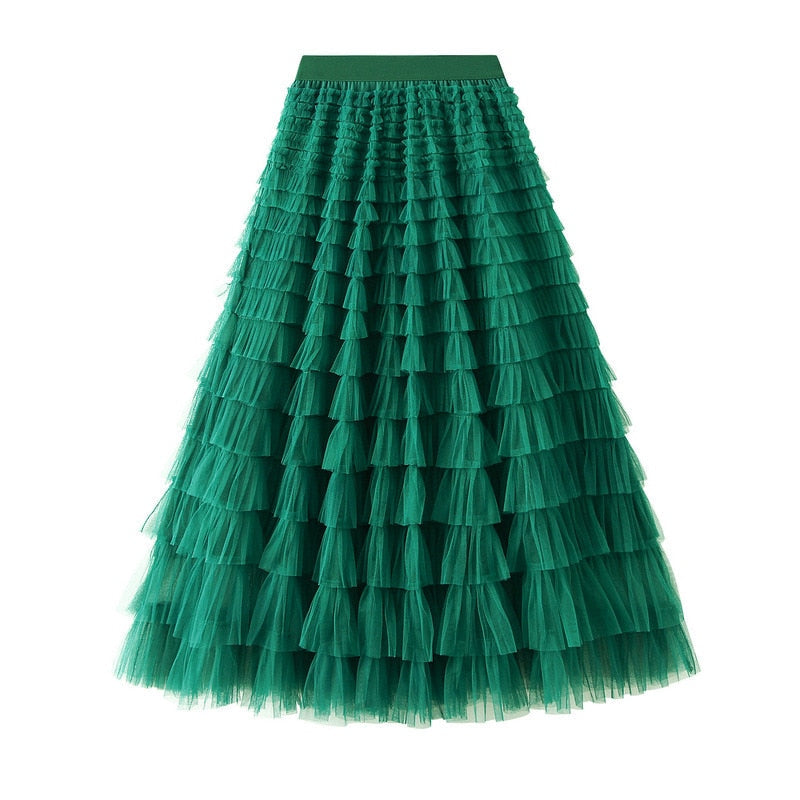2024 New Summer Long Skirt Layered Ruffles Design Elegant Maxi Dress Office Women Commuting Party Attire Autumn Elegant Skirt Long Dark green