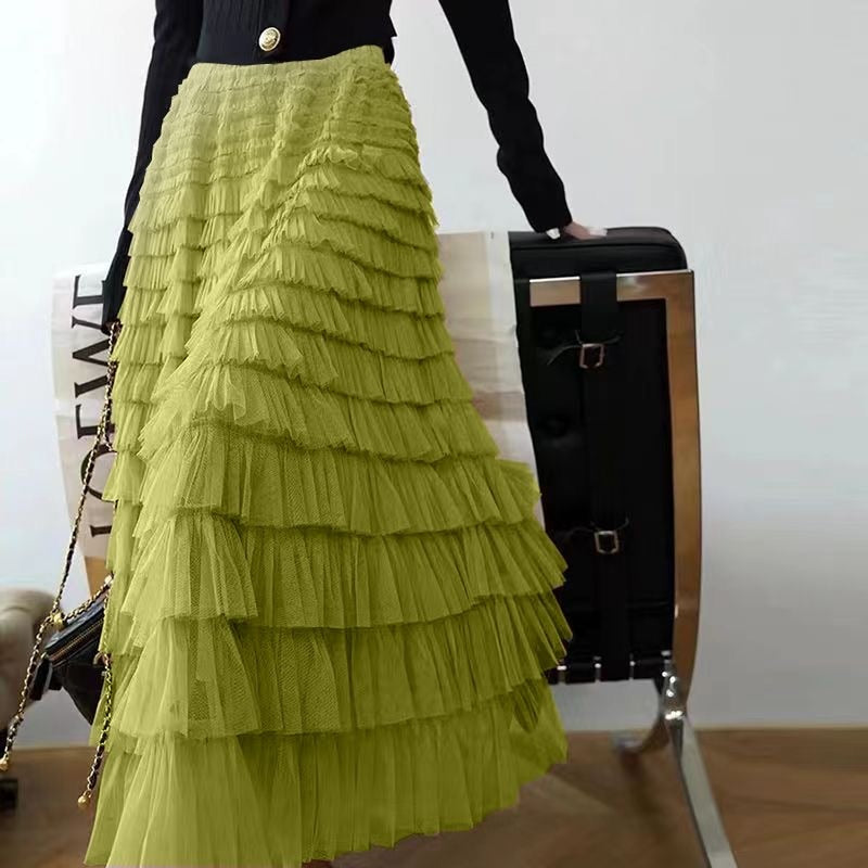 2024 New Summer Long Skirt Layered Ruffles Design Elegant Maxi Dress Office Women Commuting Party Attire Autumn Elegant Skirt Short Light green