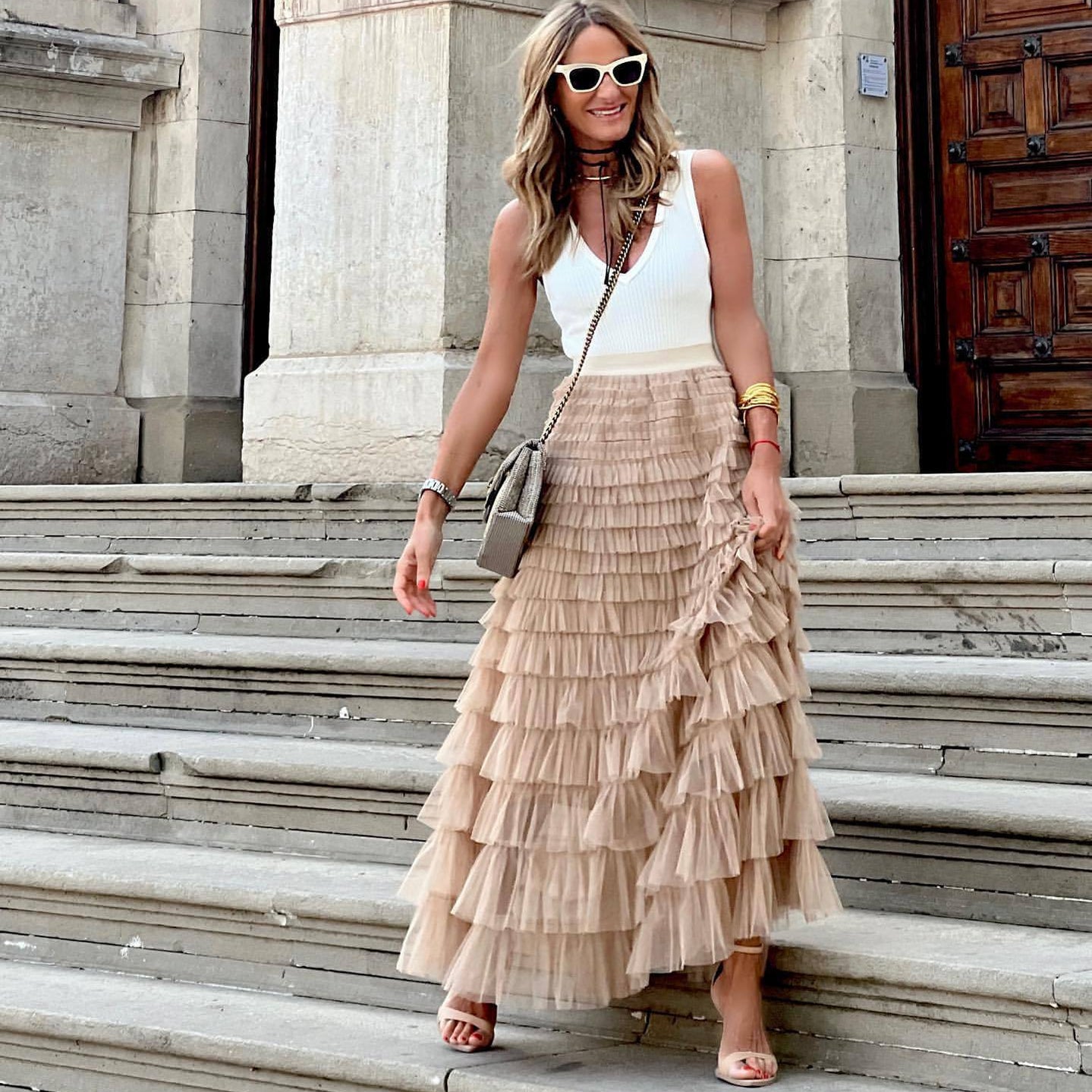 2024 New Summer Long Skirt Layered Ruffles Design Elegant Maxi Dress Office Women Commuting Party Attire Autumn Elegant Skirt