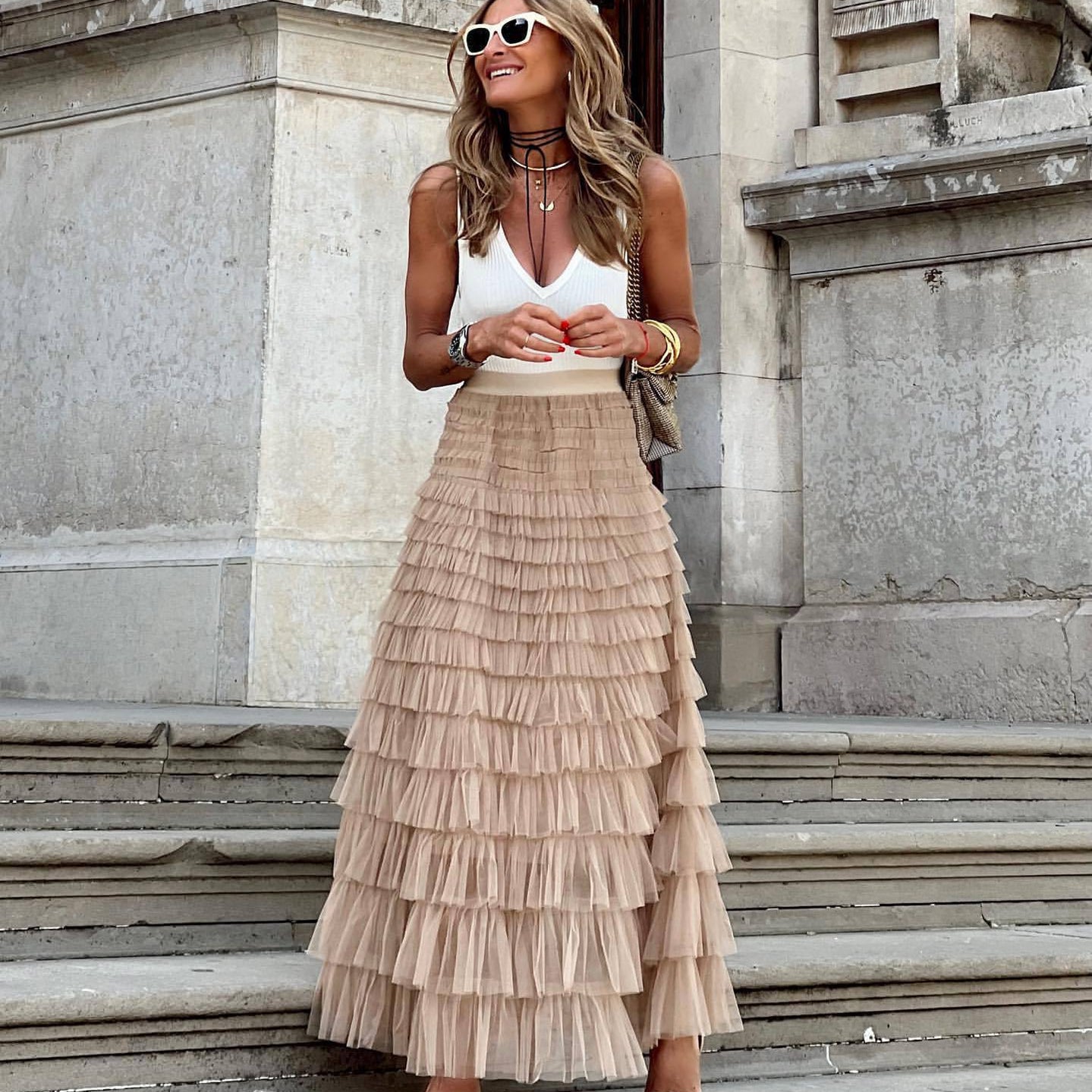 2024 New Summer Long Skirt Layered Ruffles Design Elegant Maxi Dress Office Women Commuting Party Attire Autumn Elegant Skirt Short khaki