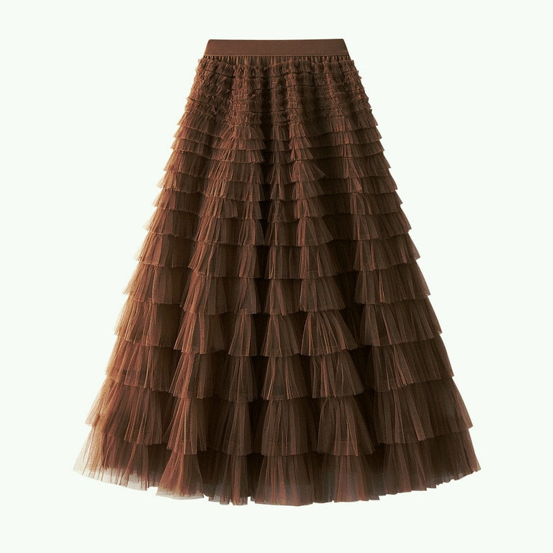 2024 New Summer Long Skirt Layered Ruffles Design Elegant Maxi Dress Office Women Commuting Party Attire Autumn Elegant Skirt Long Dark brown