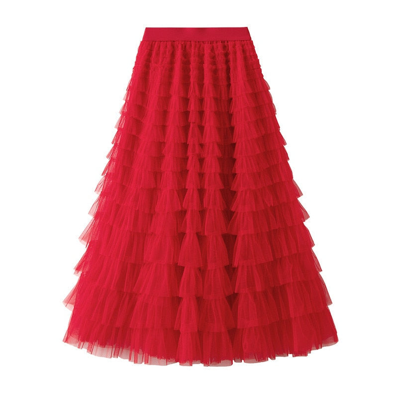 2024 New Summer Long Skirt Layered Ruffles Design Elegant Maxi Dress Office Women Commuting Party Attire Autumn Elegant Skirt Long Red