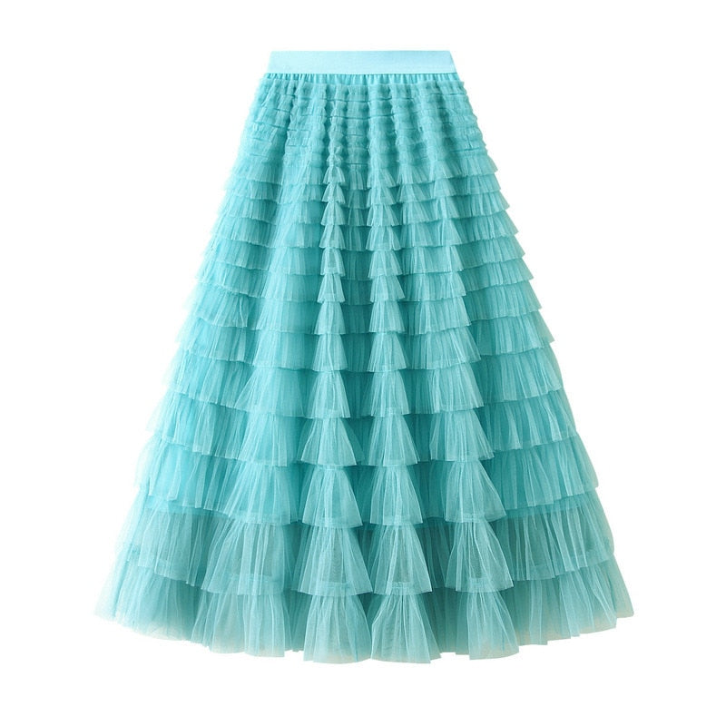 2024 New Summer Long Skirt Layered Ruffles Design Elegant Maxi Dress Office Women Commuting Party Attire Autumn Elegant Skirt Long lake blue