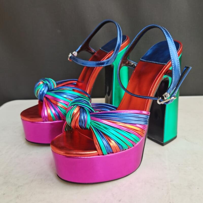2024 New Summer Sexy Women's Sandals Mixed Color Tie a Knot Thick High Heel Platform Silver Roman Shoes Big Size Zapatos Mujer multi