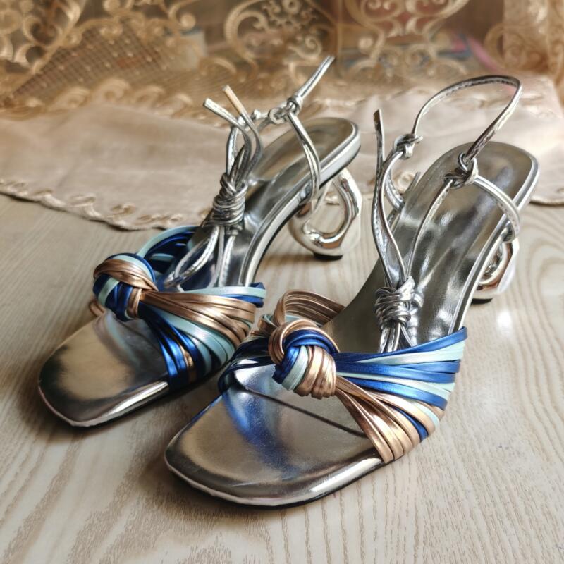 2024 New Summer Sexy Women's Sandals Mixed Color Tie a Knot Thick High Heel Platform Silver Roman Shoes Big Size Zapatos Mujer 1014 silvery