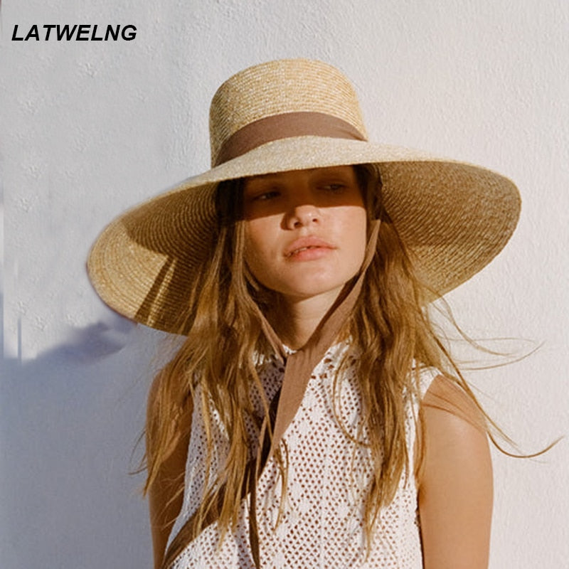 2024 New Wide Brim Beach Hats With Neck Tie For Women Large UV Protection Sun Hats Summer Big Brim Wheat Straw Hats Wholesale AMAIO