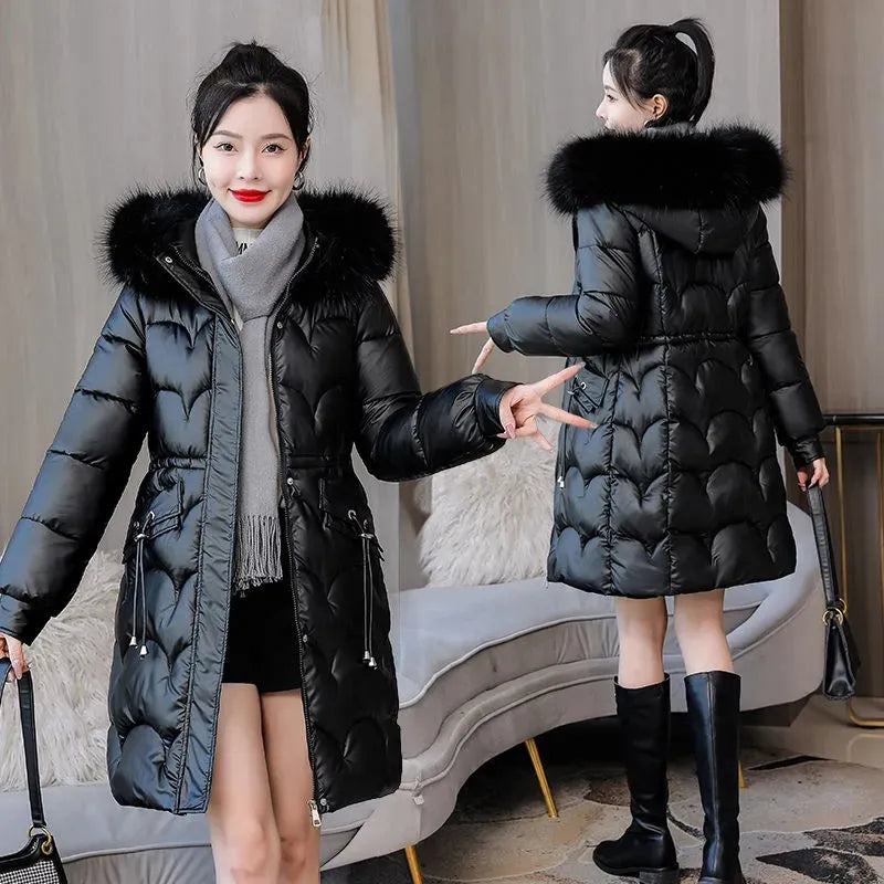 2024 New Winter Jacket Parkas Women Coat Fur Collar Hooded Overcoat Female Jacket Thick Warm Cotton Padded Puffer Parka Outwear black