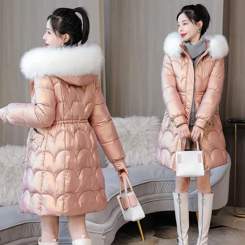 2024 New Winter Jacket Parkas Women Coat Fur Collar Hooded Overcoat Female Jacket Thick Warm Cotton Padded Puffer Parka Outwear Pink