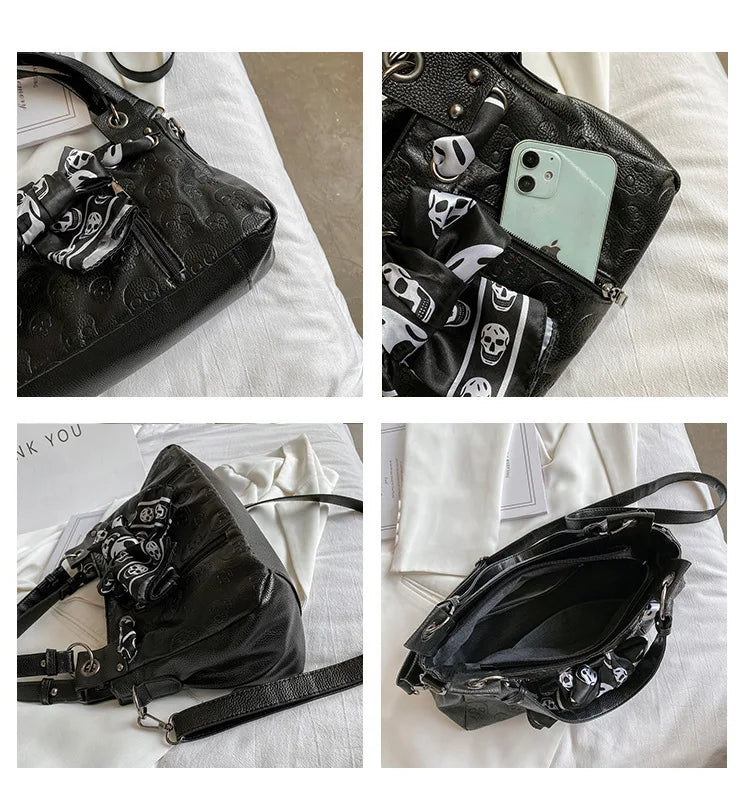 2024 New Women Messenger Bags Designer Motorcycle Punk Style Skull Rivet Tote Bag Crossbody Bags Ladies Leather HandBags H002