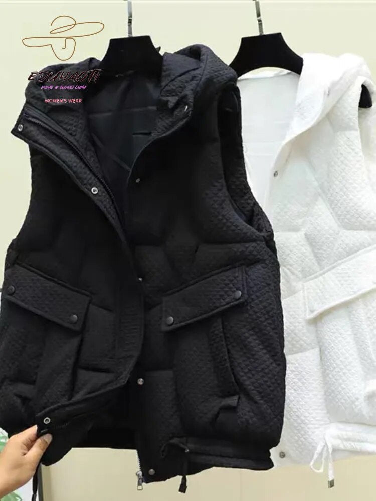 2024 New Women's Vest Autumn Winter Hooded Thicken Loose Appear Thin Waistcoat Mid Length Version Down Cotton Sleeveless Jackets