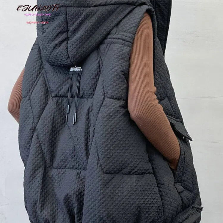 2024 New Women's Vest Autumn Winter Hooded Thicken Loose Appear Thin Waistcoat Mid Length Version Down Cotton Sleeveless Jackets