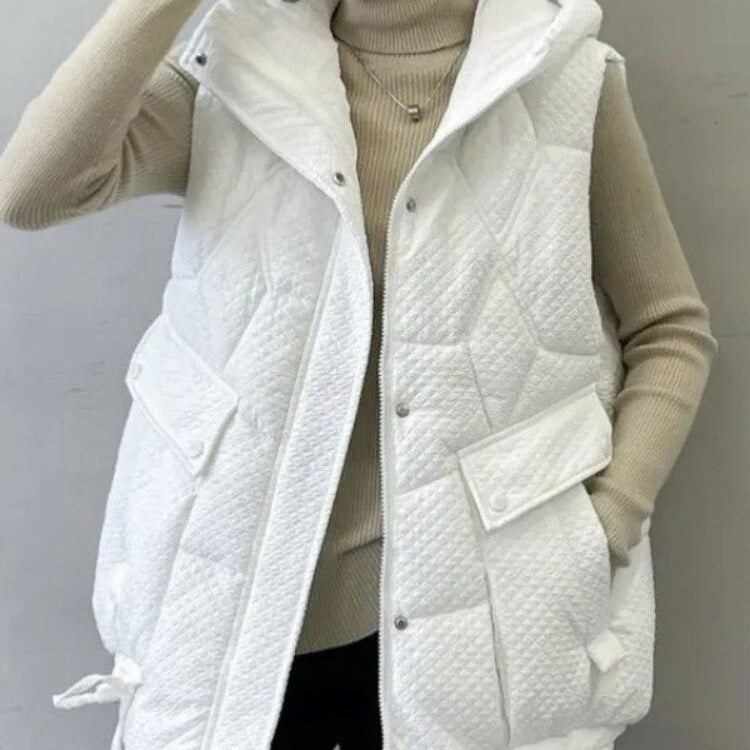 2024 New Women's Vest Autumn Winter Hooded Thicken Loose Appear Thin Waistcoat Mid Length Version Down Cotton Sleeveless Jackets White