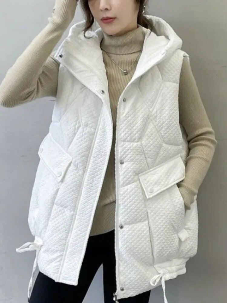 2024 New Women's Vest Autumn Winter Hooded Thicken Loose Appear Thin Waistcoat Mid Length Version Down Cotton Sleeveless Jackets White