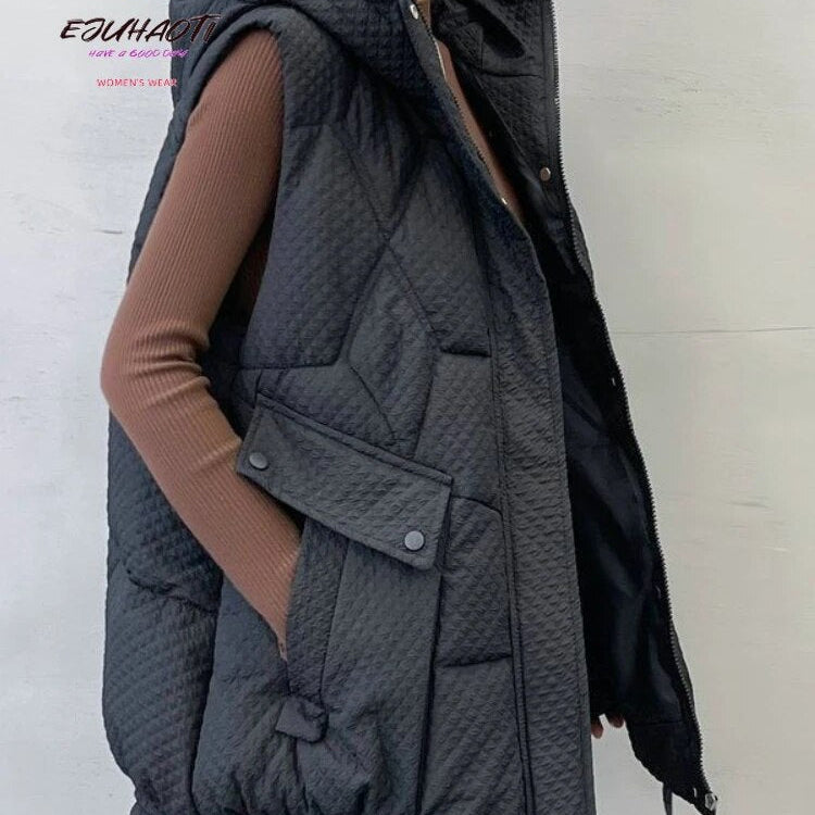 2024 New Women's Vest Autumn Winter Hooded Thicken Loose Appear Thin Waistcoat Mid Length Version Down Cotton Sleeveless Jackets