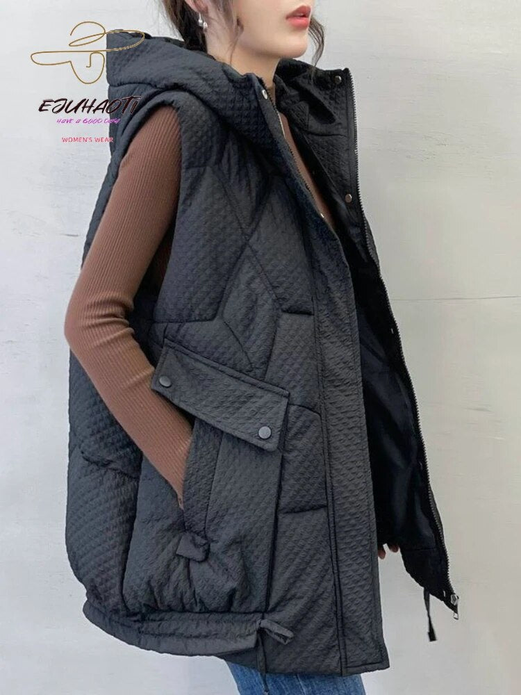 2024 New Women's Vest Autumn Winter Hooded Thicken Loose Appear Thin Waistcoat Mid Length Version Down Cotton Sleeveless Jackets