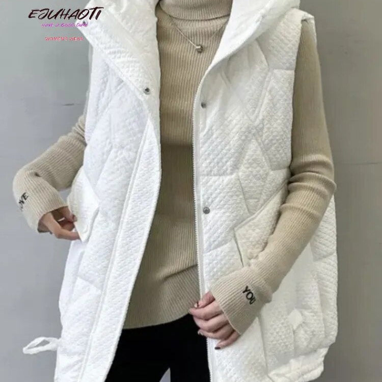 2024 New Women's Vest Autumn Winter Hooded Thicken Loose Appear Thin Waistcoat Mid Length Version Down Cotton Sleeveless Jackets