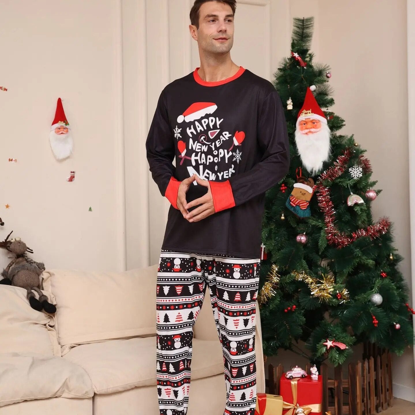 2024 New Year Letter Printed Pajamas 2-Piece Christmas Parent Child Set Cotton Casual Long Sleeve Pants Home Wear Suit