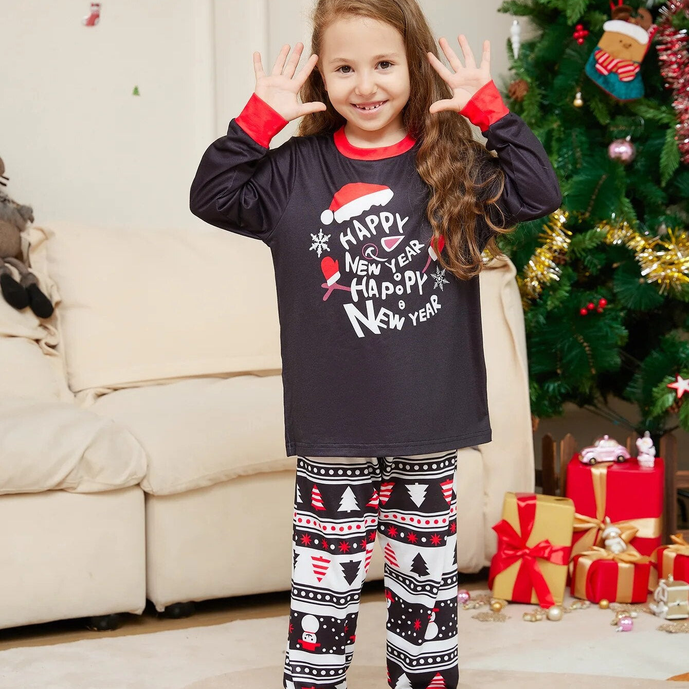 2024 New Year Letter Printed Pajamas 2-Piece Christmas Parent Child Set Cotton Casual Long Sleeve Pants Home Wear Suit