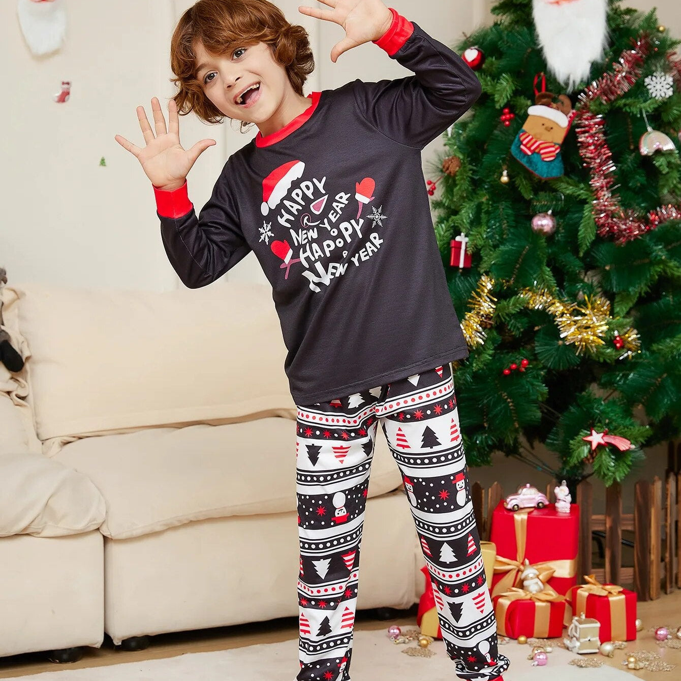 2024 New Year Letter Printed Pajamas 2-Piece Christmas Parent Child Set Cotton Casual Long Sleeve Pants Home Wear Suit