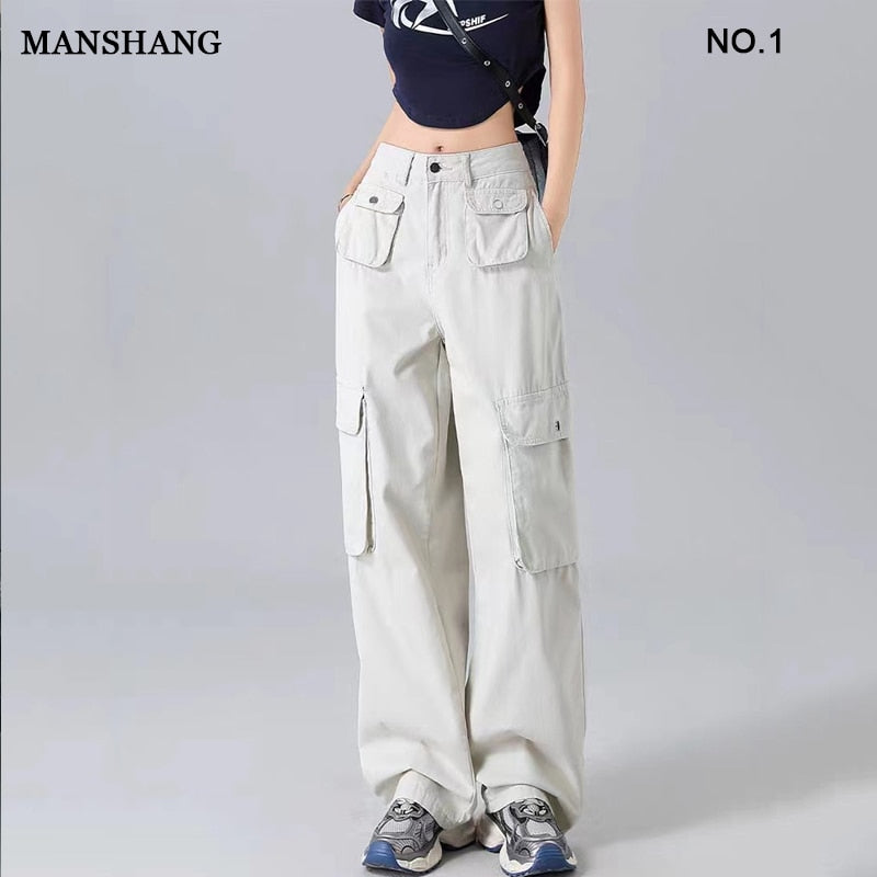 2024 New cargo pants high waist women's pants women's side pocket couple loose zipper Y2K fashion straight loose casual pants AMAIO