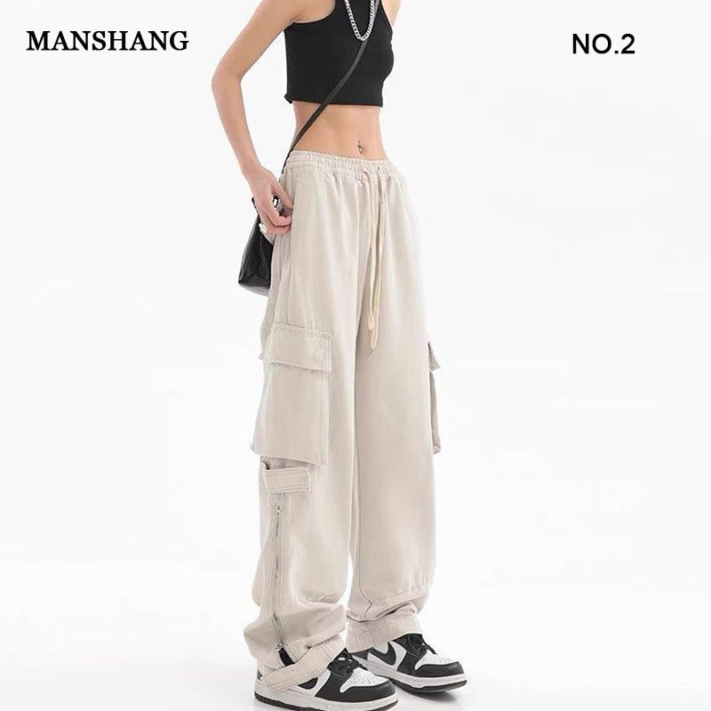 2024 New cargo pants high waist women's pants women's side pocket couple loose zipper Y2K fashion straight loose casual pants