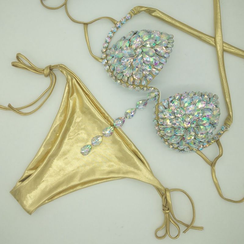 NEW! Rhinestone Crystal Lace Bikini Swimsuit Swimwear Beige White Lace  Jeweled