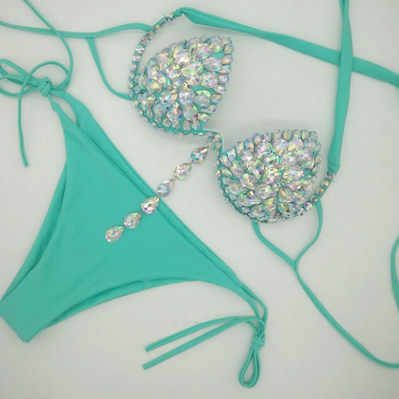 2024 Rhinestone Bikini Set Bling Stones Swimwear Diamond Women Sexy Halter Crystal Bathing Suit Beachwear Biquini
