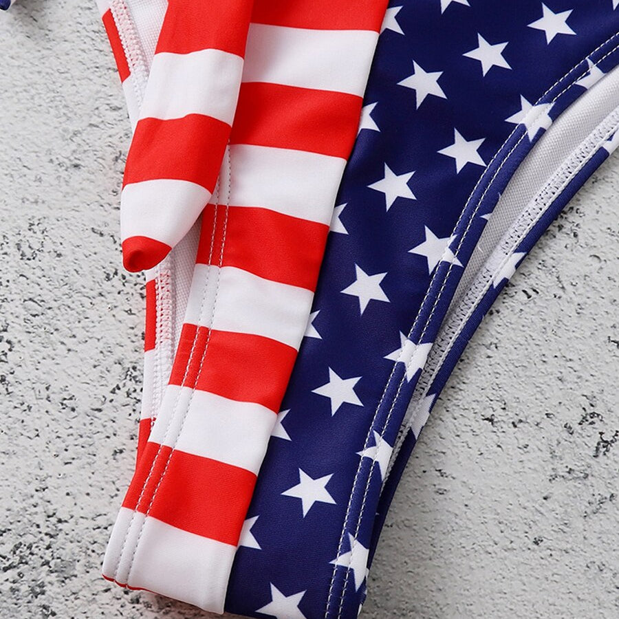 2024 Sexy V Neck One Piece Swimsuit Backless Swimwear Women US Flag Printed Bathing Suit Female Cross Back Beachwear Bodysuit