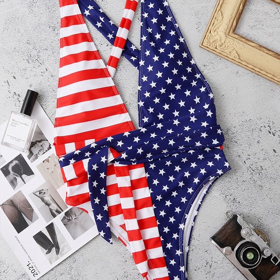 2024 Sexy V Neck One Piece Swimsuit Backless Swimwear Women US Flag Printed Bathing Suit Female Cross Back Beachwear Bodysuit