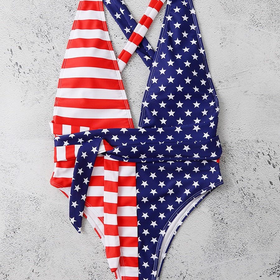 2024 Sexy V Neck One Piece Swimsuit Backless Swimwear Women US Flag Printed Bathing Suit Female Cross Back Beachwear Bodysuit XXL